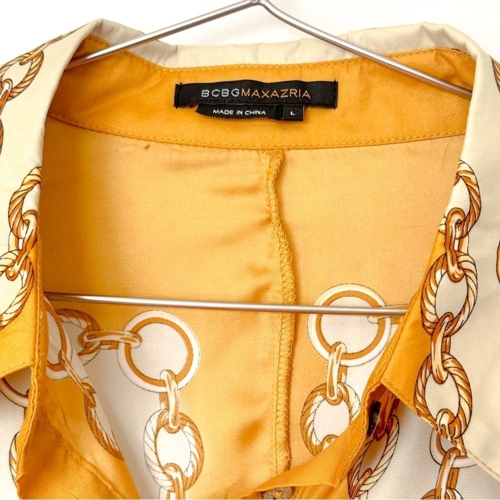 BCBGMaxAzria Crazy Chains Mustard Yellow Shirt Dress Long Sleeve Size L - Picture 6 of 9